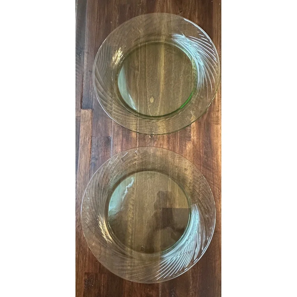 Vintage Pyrex Sculptured Swirl Light Green Glass Dinner Plates Set of 2 USA 10